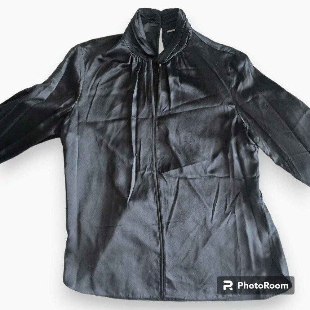 Black Silk Elie Tahari High Collar Button Up Formal Dress Shirt Womens Large Top